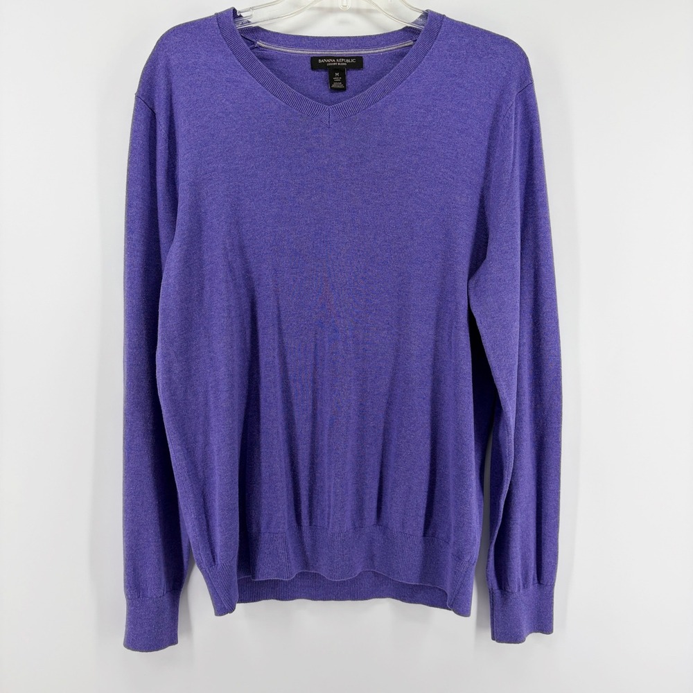 Banana Republic Sweater Mens M Purple Silk Cashmere Cotton Luxury Blend V-Neck - Picture 2 of 6